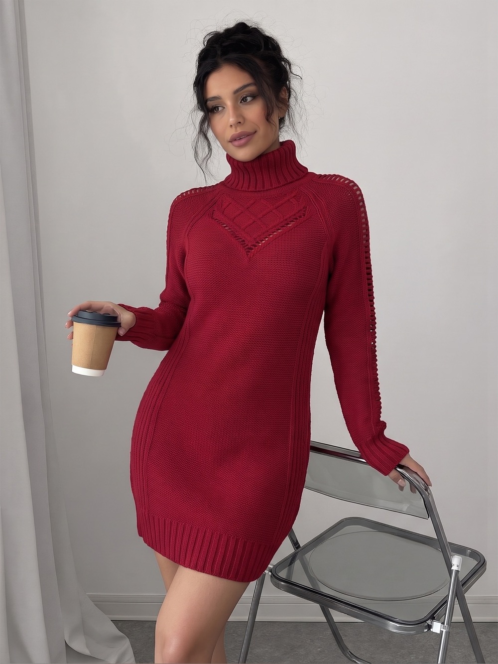 Vintage Y2K Moda International Burgundy Red Turtleneck Sweater Dress Size S